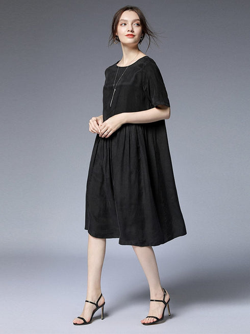 Pleated Loose Fit Casual Midi Dress in Solid Colors