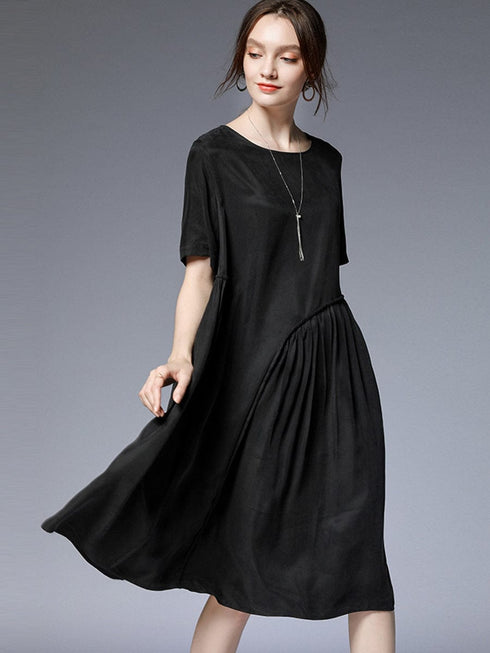 Pleated Loose Fit Casual Midi Dress in Solid Colors