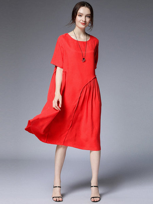 Pleated Loose Fit Casual Midi Dress in Solid Colors
