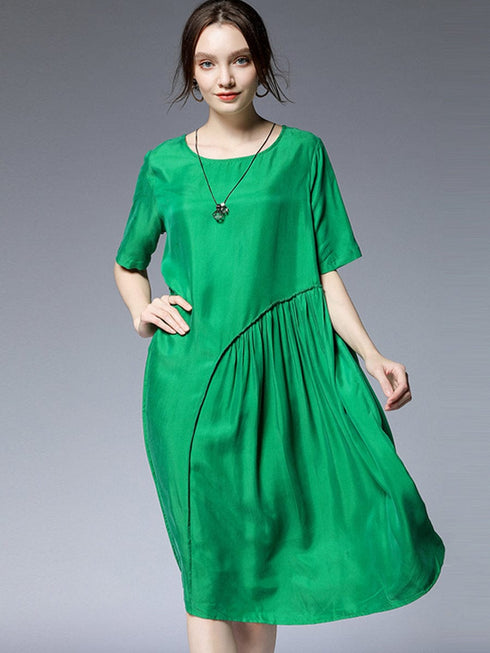 Pleated Loose Fit Casual Midi Dress in Solid Colors