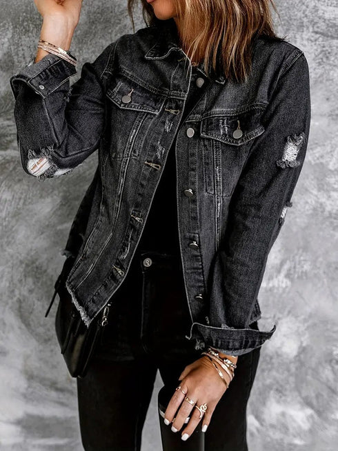 Vintage Ripped Raw Hem Flap Pockets Long Sleeve Denim Jacket