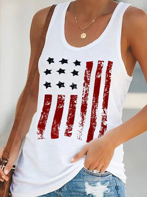 red-star-stripe-print-round-neck-sleeveless-tank-tops
