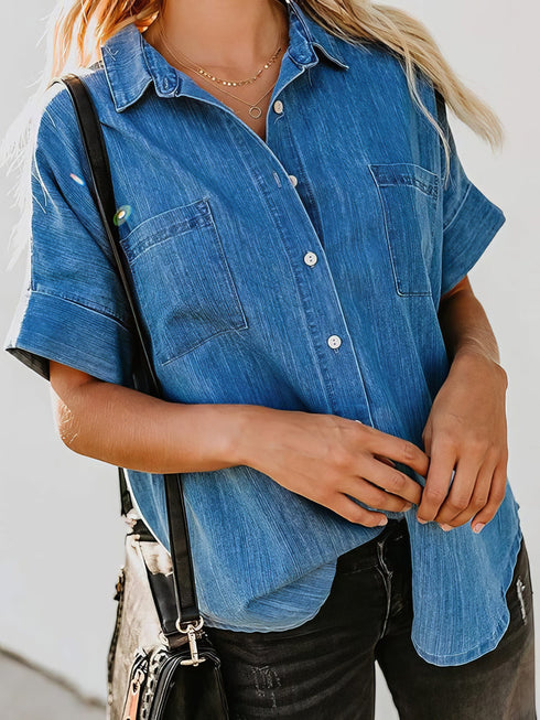 Short Sleeve Pocket Straight Denim Blouses - French - Drop Shoulder - Halter - V-Neck - Closed