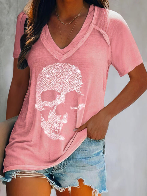 skull-print-deep-v-neck-pullover-t-shirt