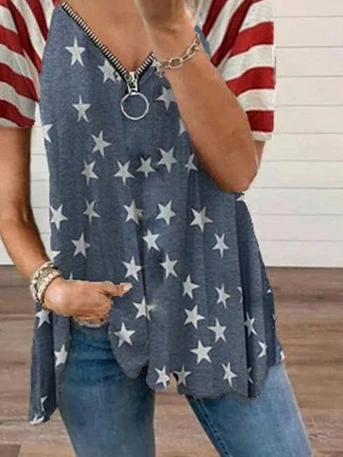 loose-star-print-zipper-v-neck-short-sleeved-t-shirt