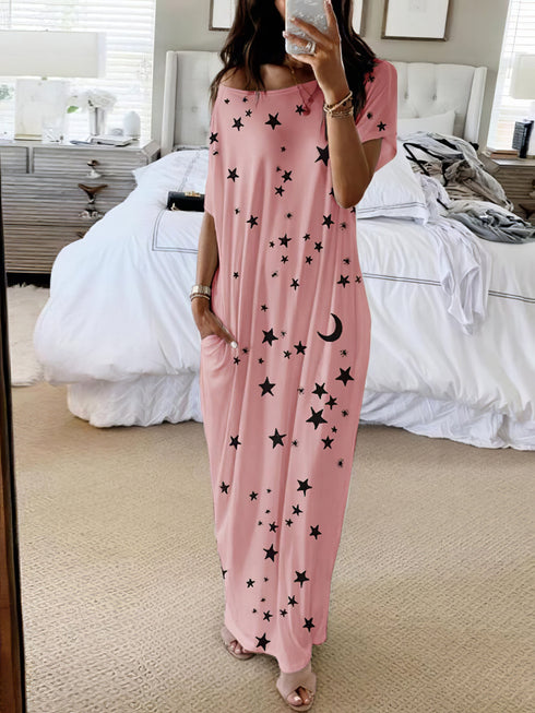 star-and-moon-print-short-sleeve-maxi-dress