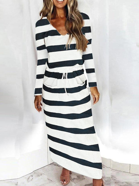 v-neck-loose-striped-print-long-sleeved-dress
