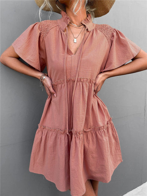 womens-dresses-pleated-belted-v-neck-short-sleeve-dress