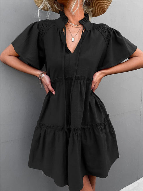 womens-dresses-pleated-belted-v-neck-short-sleeve-dress