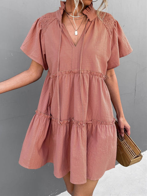 womens-dresses-pleated-belted-v-neck-short-sleeve-dress