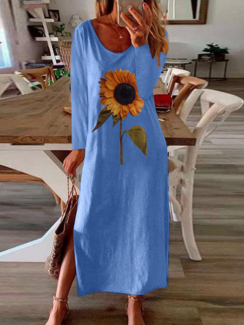 womens-dresses-sunflower-print-slit-long-sleeve-dress