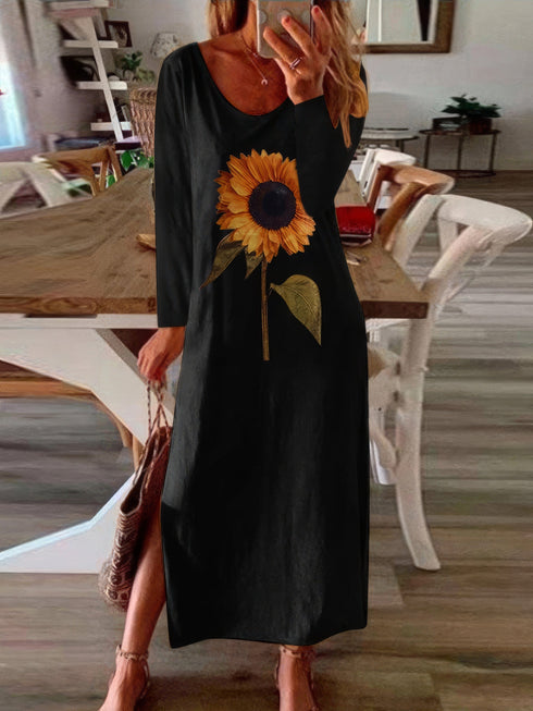 womens-dresses-sunflower-print-slit-long-sleeve-dress