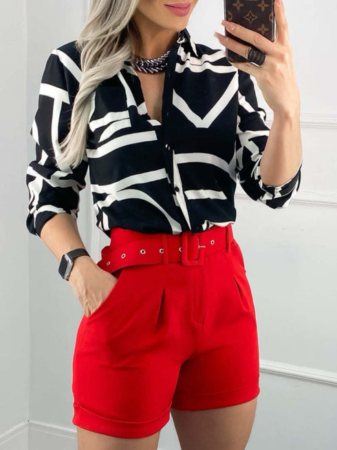 Button Up Fashion Print Long Sleeve Women's Blouse - V-Neck - Halter - Lightweight