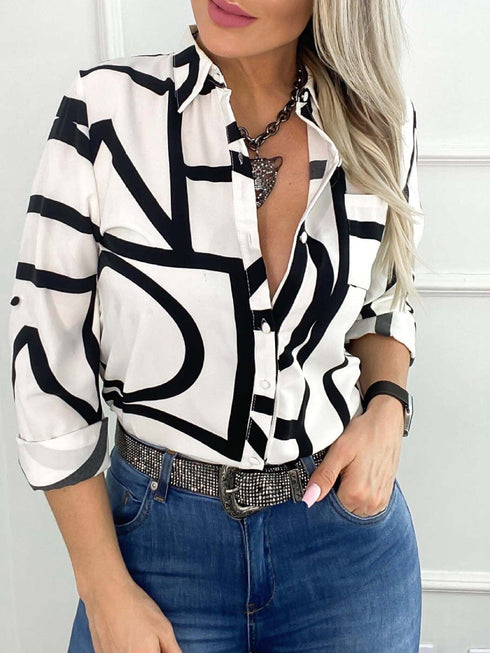 Button Up Fashion Print Long Sleeve Women's Blouse - V-Neck - Halter - Lightweight