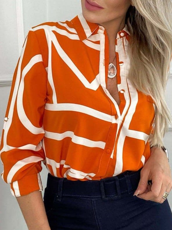 Button Up Fashion Print Long Sleeve Women's Blouse - V-Neck - Halter - Lightweight
