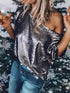 Ladies' Sequin Embellished Slanted Shoulder T-Shirt with Short Sleeves