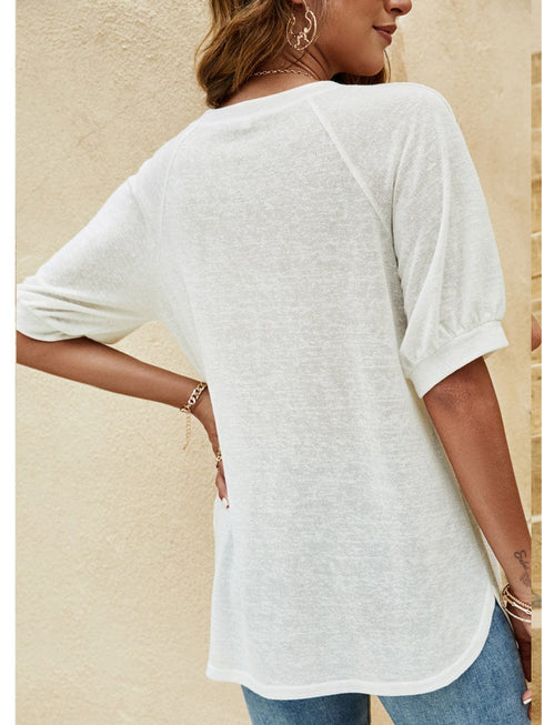 Loose Round Neck Button Casual Half-Sleeve T-Shirt