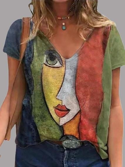 abstract-character-print-v-neck-short-sleeve-t-shirts