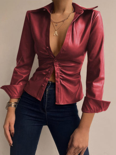 womens-blouses-v-neck-button-long-sleeve-pu-leather-blouse