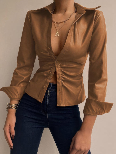 womens-blouses-v-neck-button-long-sleeve-pu-leather-blouse
