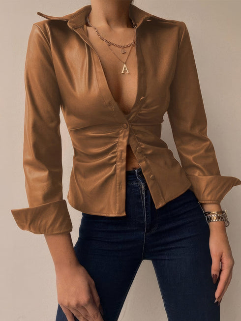 womens-blouses-v-neck-button-long-sleeve-pu-leather-blouse