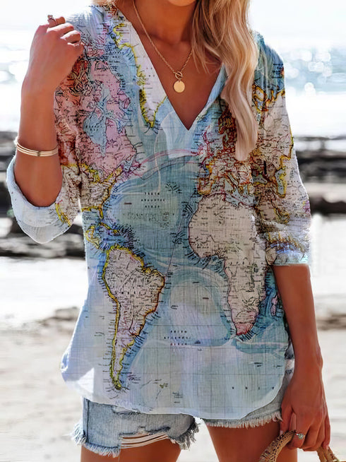 map-printed-v-neck-casual-long-sleeve-blouses