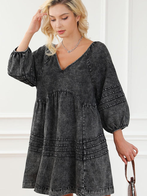 Chic Black Denim Babydoll Mini Dress with Puff Sleeves