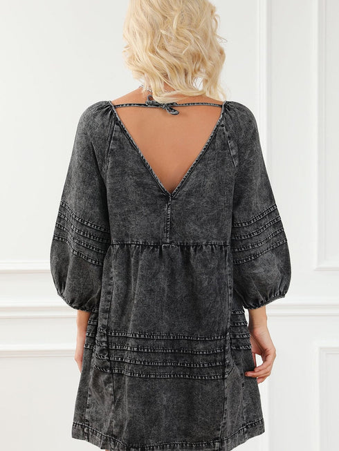Chic Black Denim Babydoll Mini Dress with Puff Sleeves