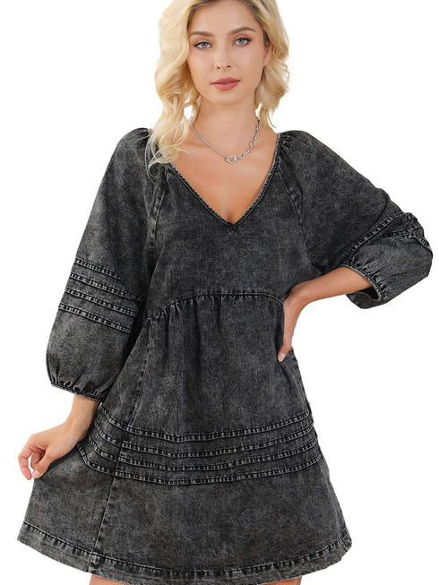 Chic Black Denim Babydoll Mini Dress with Puff Sleeves
