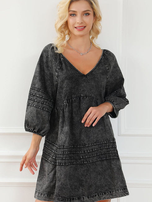 Chic Black Denim Babydoll Mini Dress with Puff Sleeves
