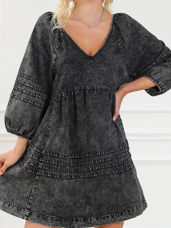 Chic Black Denim Babydoll Mini Dress with Puff Sleeves
