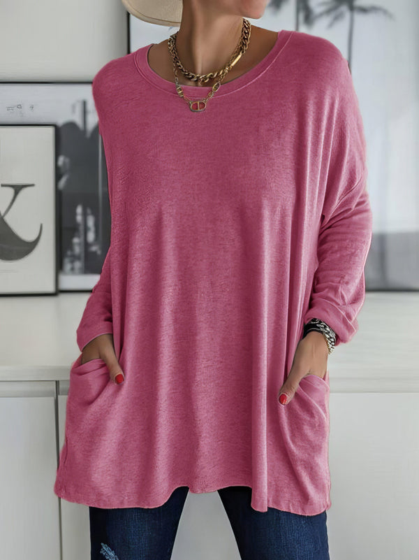 womens-t-shirts-loose-solid-round-neck-pocket-long-sleeve-t-shirt