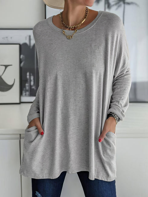 womens-t-shirts-loose-solid-round-neck-pocket-long-sleeve-t-shirt