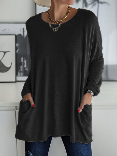 womens-t-shirts-loose-solid-round-neck-pocket-long-sleeve-t-shirt