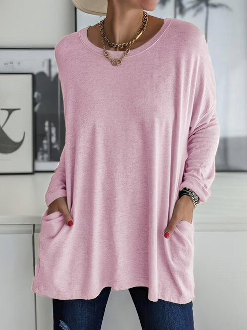 womens-t-shirts-loose-solid-round-neck-pocket-long-sleeve-t-shirt