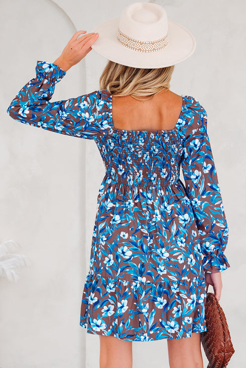 Blue Smocked Bodice High Waist Ruffled Sleeve Floral Dress