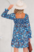 Blue Smocked Bodice High Waist Ruffled Sleeve Floral Dress