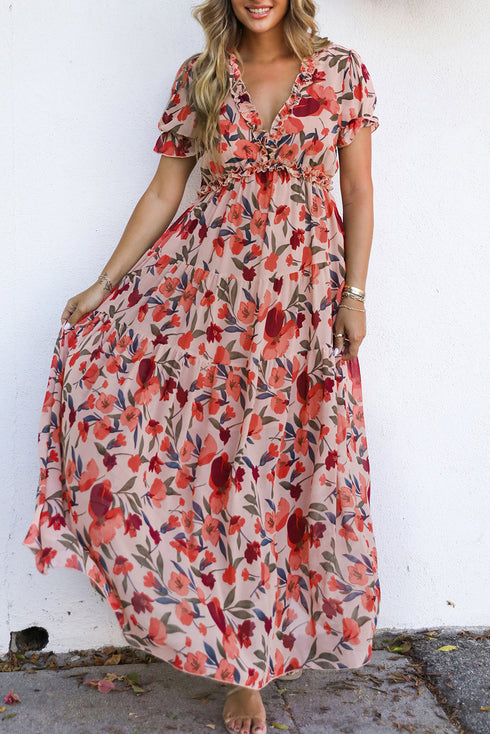 Fiery Red Floral Print Frilled V Neck Short Sleeve Maxi Dress