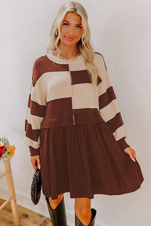 Brown Stripe Two in One Knitted Top High Waist Splicing Hem Sweater Dress