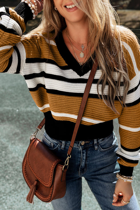 brown-stripe-contrast-stripes-v-neck-textured-knit-sweater