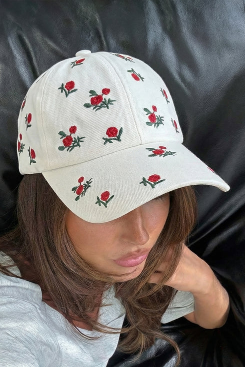 White Rose Flower Embroidered Baseball Cap