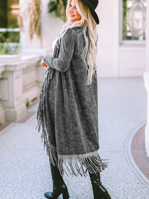 black-fringed-hem-pocketed-open-cardigan