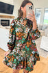 Brown Floral Print Embroidered Ruffle Trim Split Neck Long Sleeve Ruffle Hem Dress
