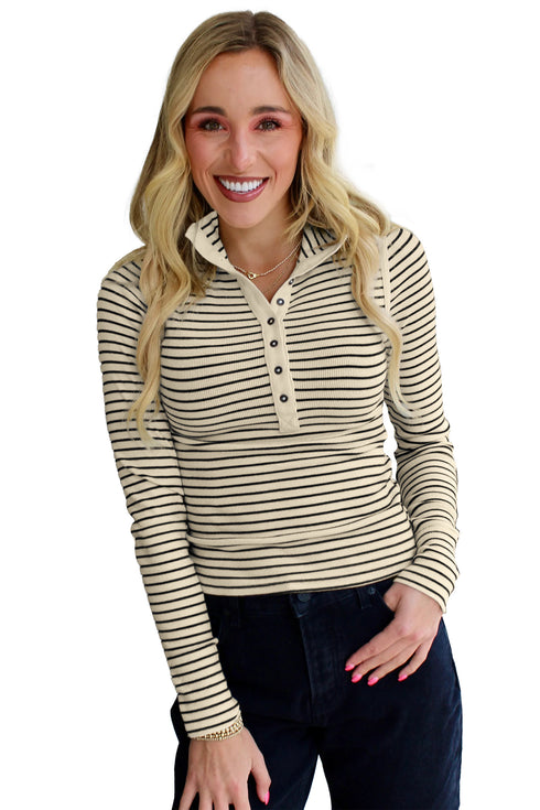 Beige Stripe Stripe Ribbed Knit Half Button Long Sleeve Slim Top