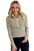 Beige Stripe Stripe Ribbed Knit Half Button Long Sleeve Slim Top