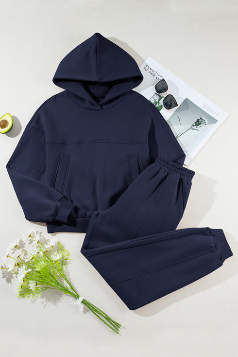 Navy Blue Solid Exposed Seams Hoodie and Joggers Activewear Set