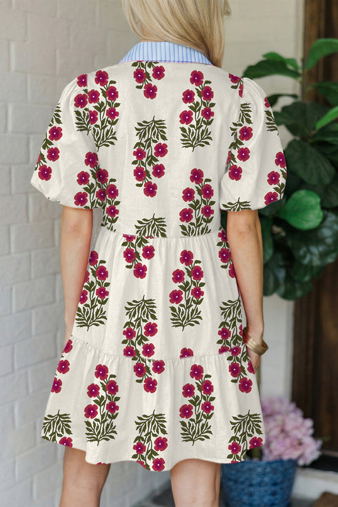 White Bright Floral Print Ricrac Trim Striped Patchwork V Neck Dress