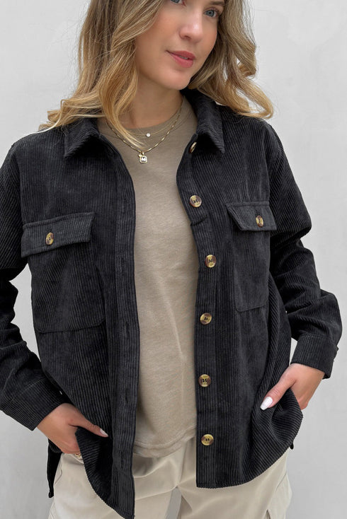 Black Button Flap Pocket Corduroy Shacket
