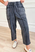 Dark Grey Mineral Wash Exposed Seam Drawstring Elastic Waist Loose Pants