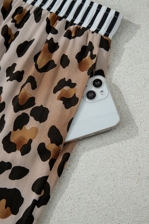 Khaki Plus Leopard Print Contrast Piping Striped Patchwork 2pcs Long Pajama Set